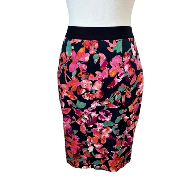 Ann Taylor Floral Skirt Lined Flowers Navy Blue Pink Orange Elastic Waistband 6 - Picture 3 of 7